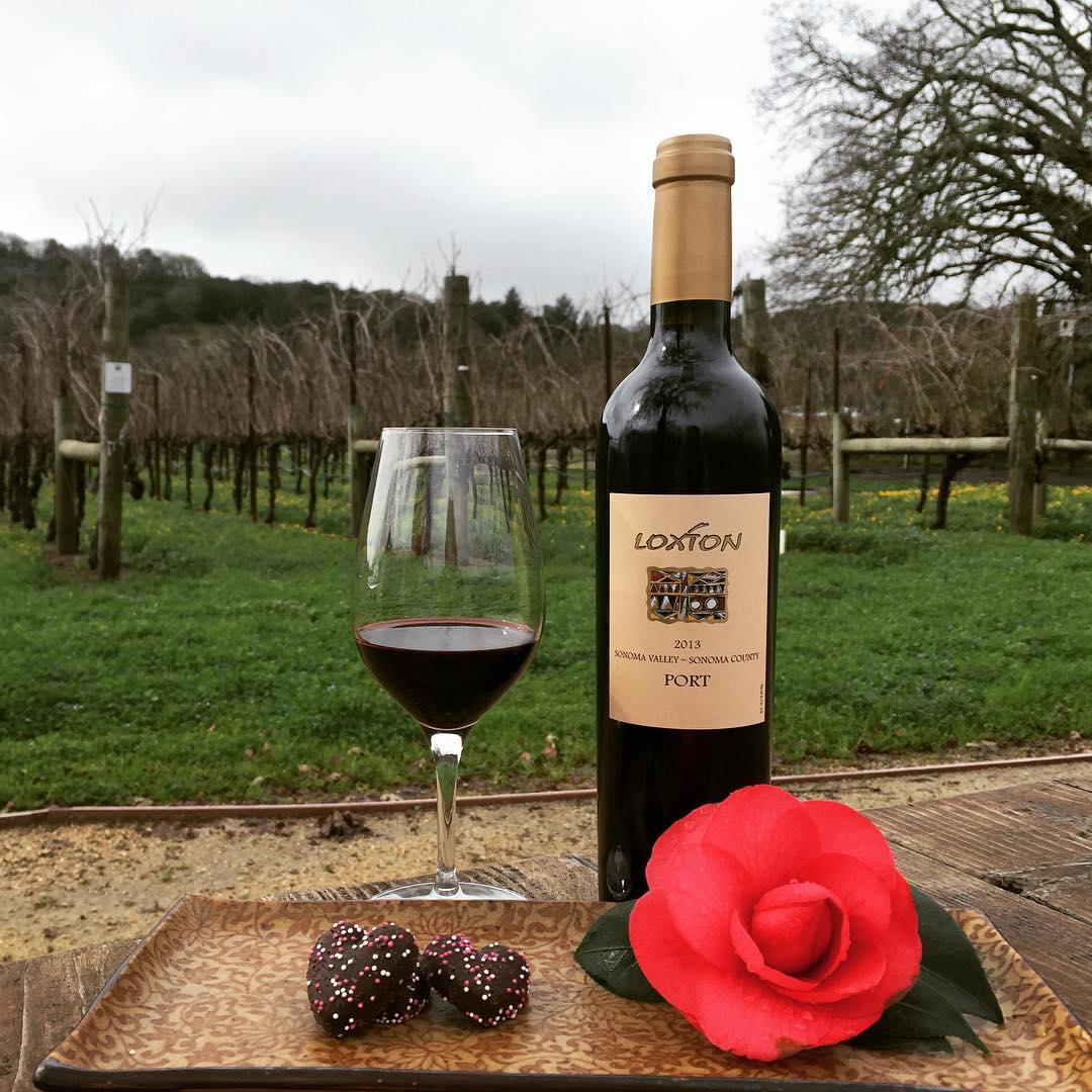 Loxton Port with chocolate truffles and a camellia